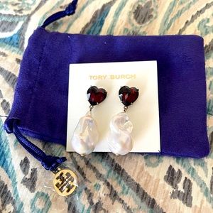 Tory Burch red heart jewel and baroque pearl earrings
